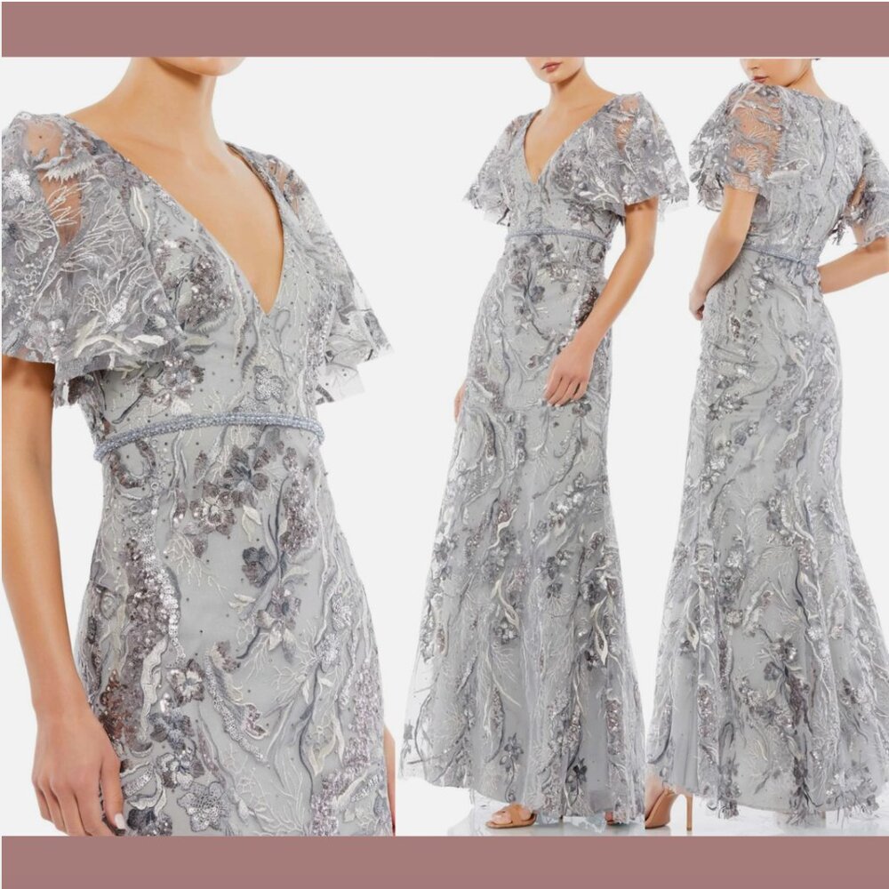 NWT$698 Mac Duggal [ 4 ] Embellished V Neck Butterfly‎ Sleeve Trumpet Gown #Q700